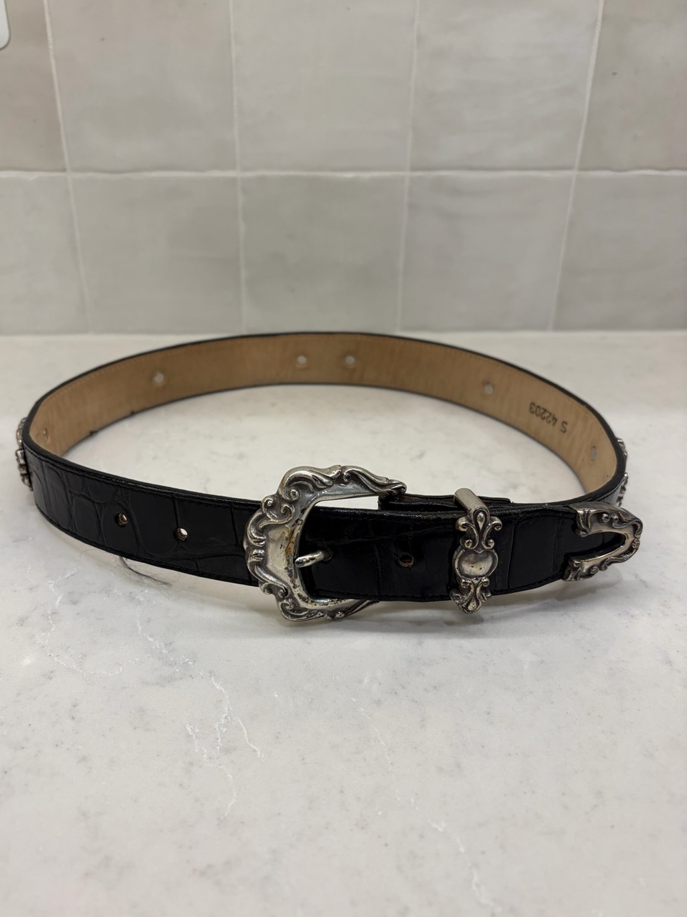 Brighton Black Western-Inspired Leather Belt with Ornate Silver Buckle